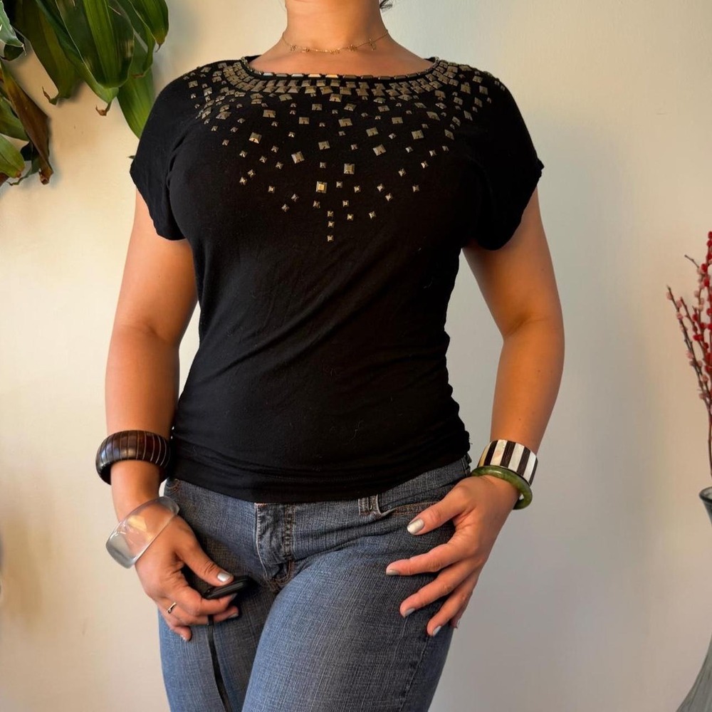 Forever 21 Black Studded Batwing Dolman Top Indie Sleaze Grunge Bronze Studs S